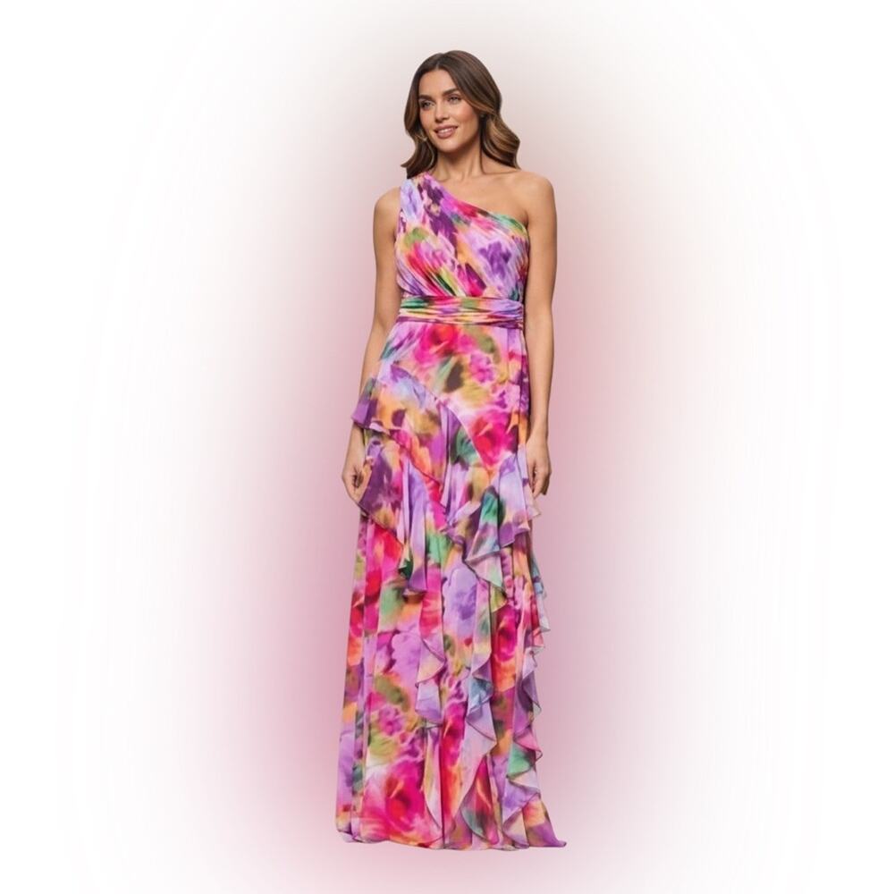 Xscape $288 Pleated Chiffon Split V-Neck Sleeveless A-Line Gown Maxi Size 8